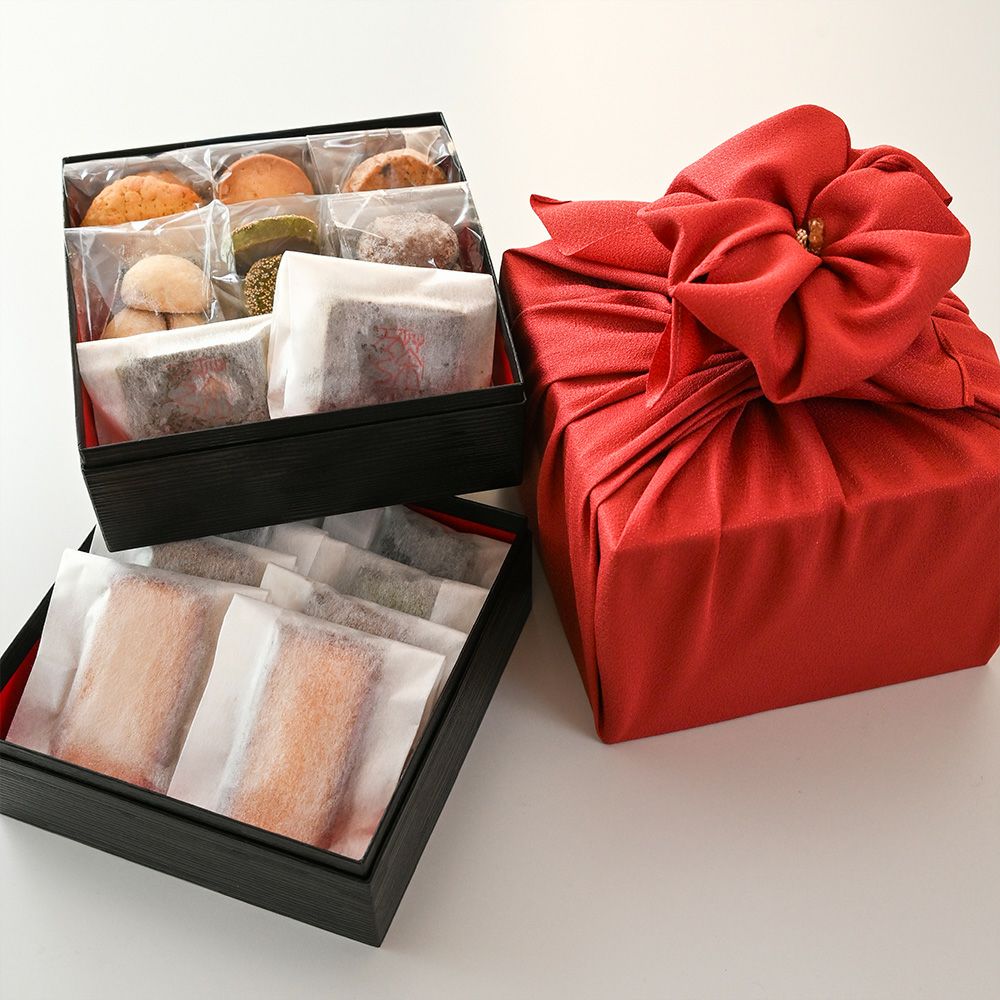 リニューアル】京の花結び二段重-焼菓子詰合せ各種16個入り 風呂敷包